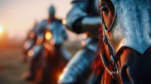 close up of medieval knights in shining armor riding horses at sunset